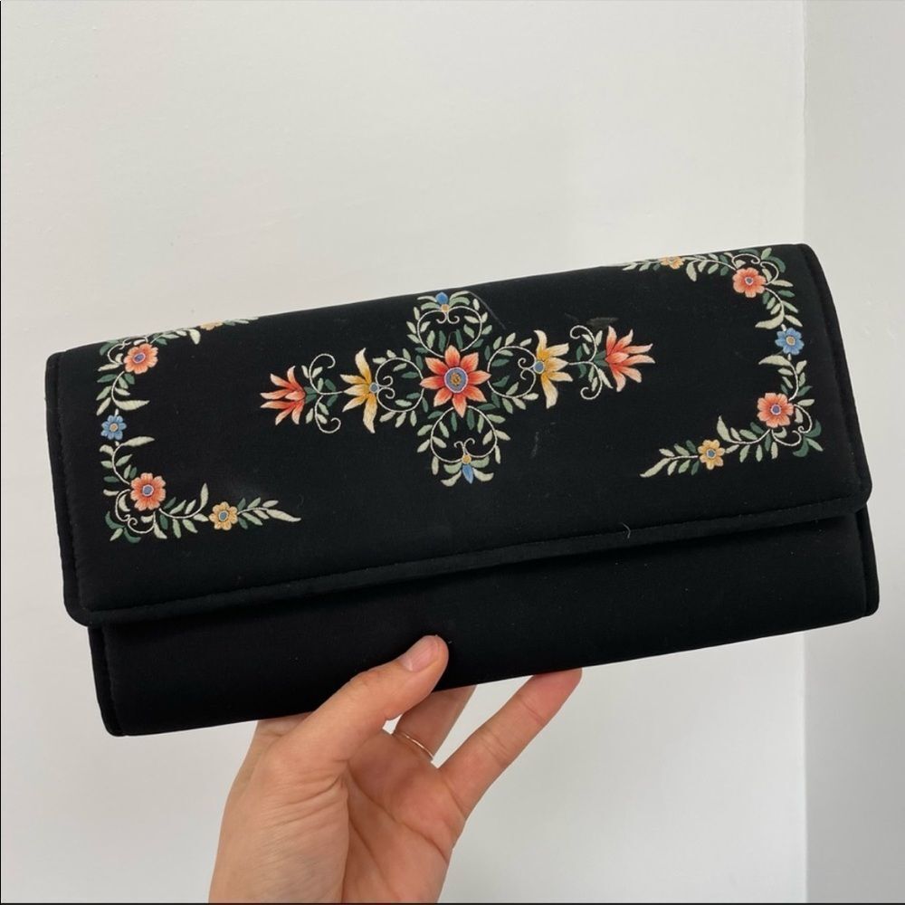 Black Fabric Floral Embroidered Clutch Fold Over Snap Closure